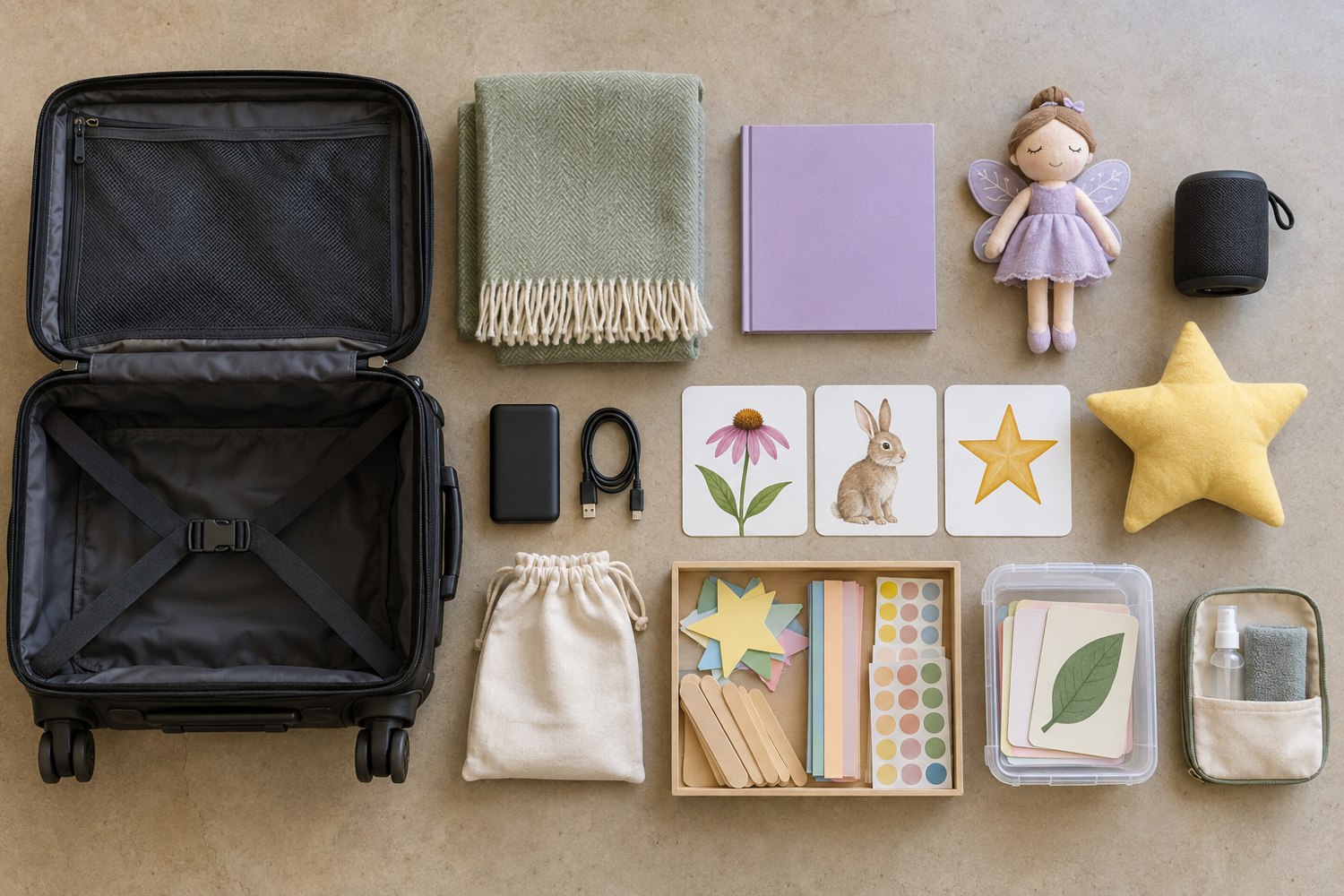 Illustrative portable fairy kit with storybook, speaker, doll and props